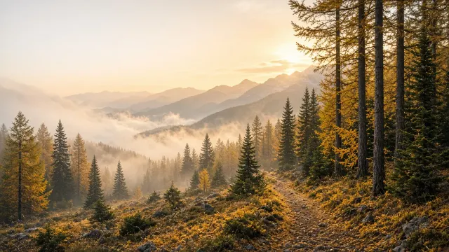 Misty Alpine Forest Trail Shrouded in Golden Larch Needles
