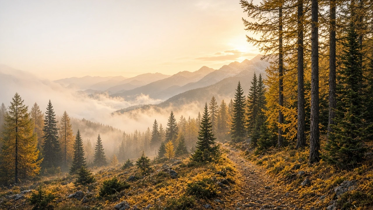 Misty Alpine Forest Trail Shrouded in Golden Larch Needles