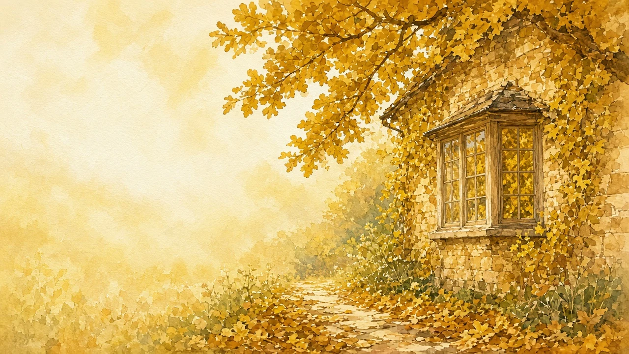 Gouache Illustration of a Sunlit Cottage Covered in Golden Ivy