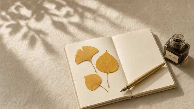 Botanical Studio Desk with Pressed Leaves and Honeyed Sunlight