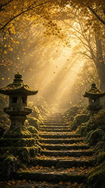 Stone Steps Flanked by Lanterns and Falling Golden Foliage