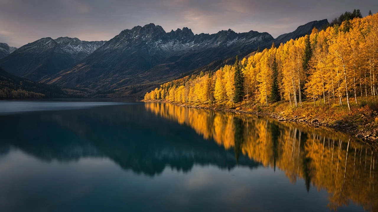 Mirror Lake Reflecting Golden Autumn Hills at Dusk