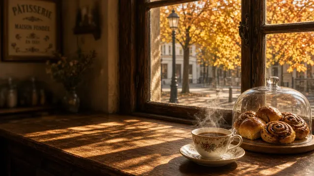 Artisan Bakery Window Overlooking Golden Street Trees