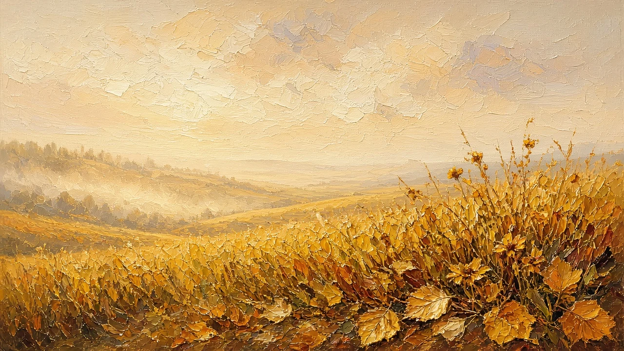 Impressionist Oil Painting of an Autumn Meadow in Golden Haze