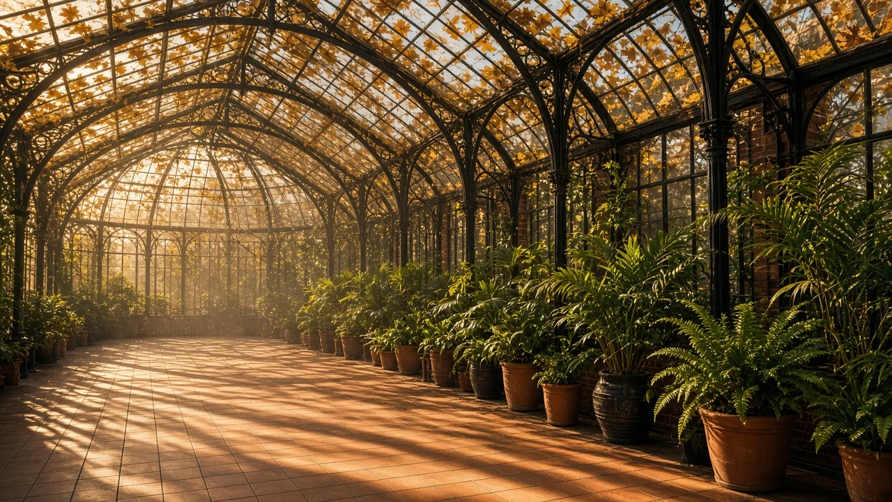 Botanical Conservatory Roof Covered in Sunlit Golden Foliage