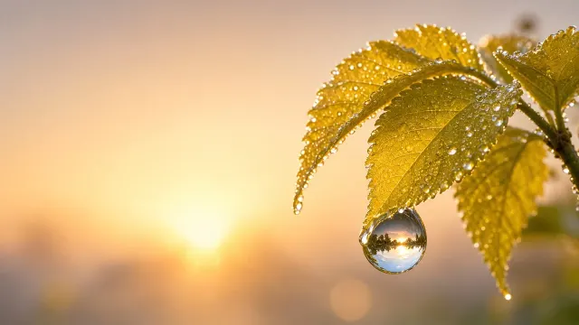 Morning Dew on Golden Elm Leaves with Soft Sunrise Halo
