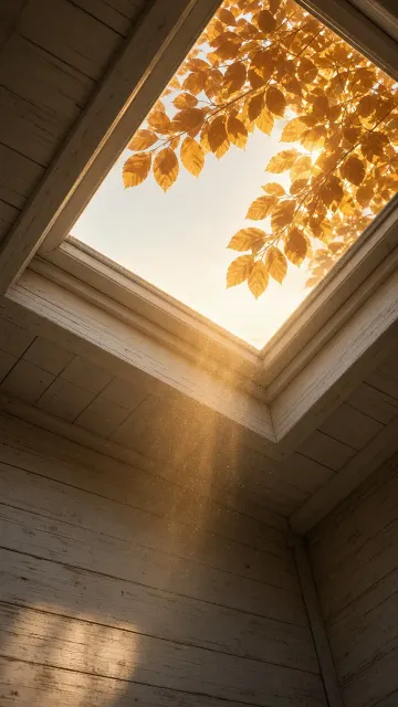 Attic Skylight Window with Sunlit Autumn Foliage and Drifting Dust
