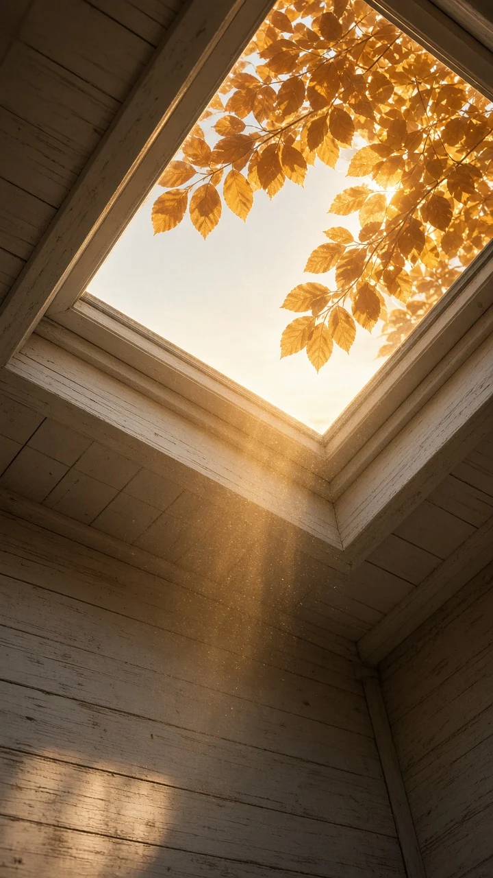 Attic Skylight Window with Sunlit Autumn Foliage and Drifting Dust