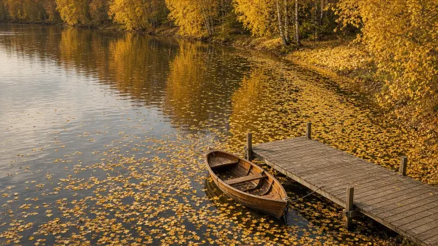 Wooden Rowboat Drifting in Golden Leaf Reflections