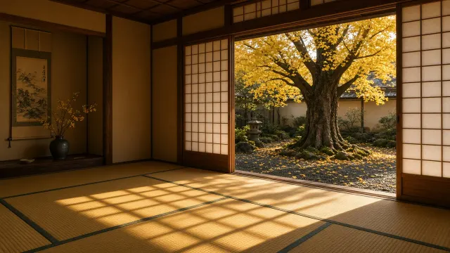 Tatami Room Shoji Opening onto a Glowing Ginkgo Courtyard