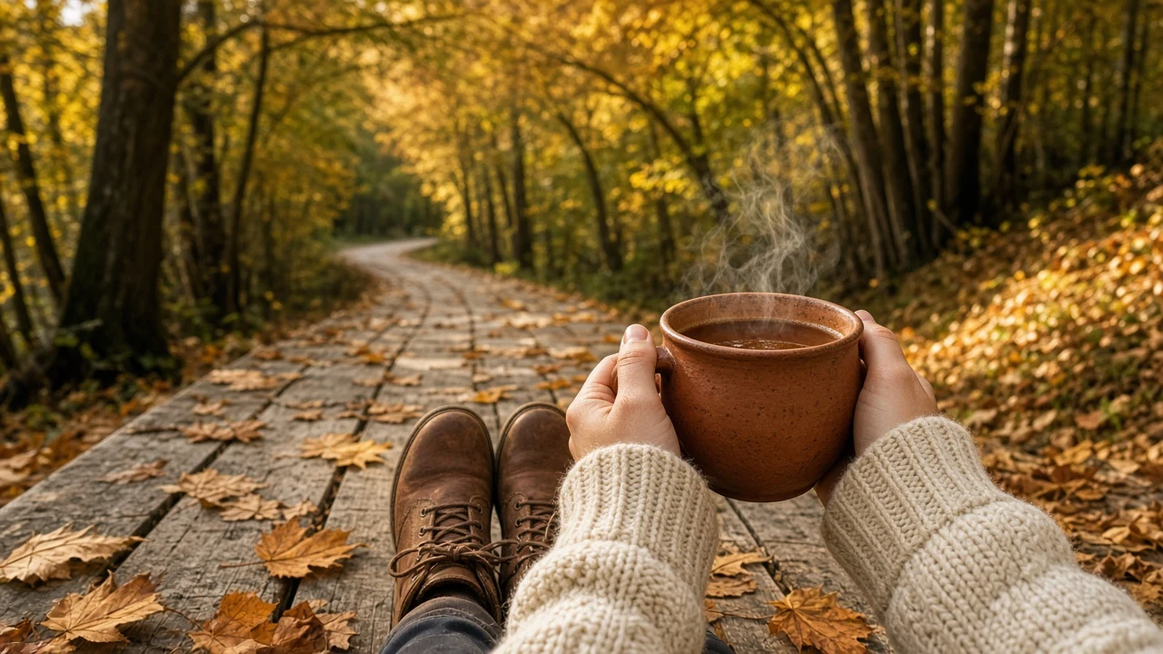 Hands Holding Warm Ceramic Mug Amid Golden Forest Path
