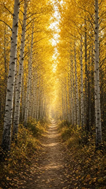 Curving Forest Pathway Leading Through Glowing Golden Aspens
