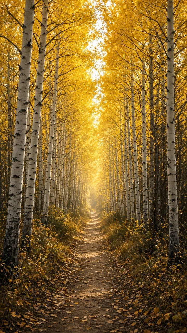 Curving Forest Pathway Leading Through Glowing Golden Aspens