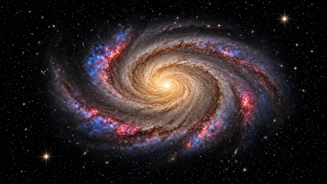 Grand Design Spiral Galaxy with Electric Blue Star Clusters in Deep Space