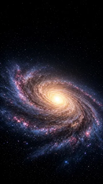 Vertical Celestial Cascade of Swirling Galactic Arms and Luminous Halo