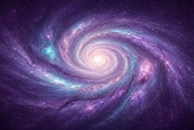 Stylized Cyan and Amethyst Cosmic Spiral Galaxy with Luminous Stardust