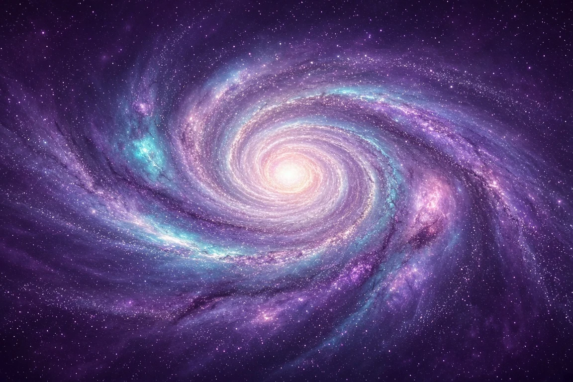 Stylized Cyan and Amethyst Cosmic Spiral Galaxy with Luminous Stardust