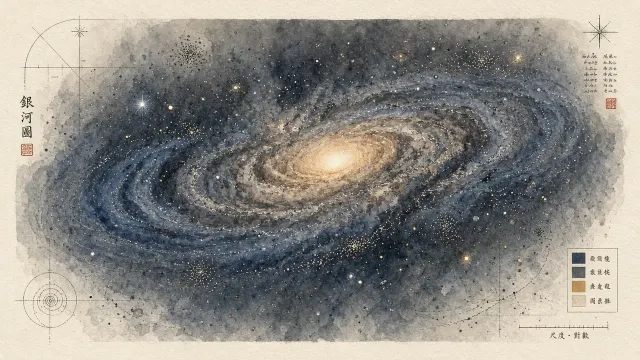 Botanical and Celestial Ink Wash Illustration of Spiral Galaxy Anatomy