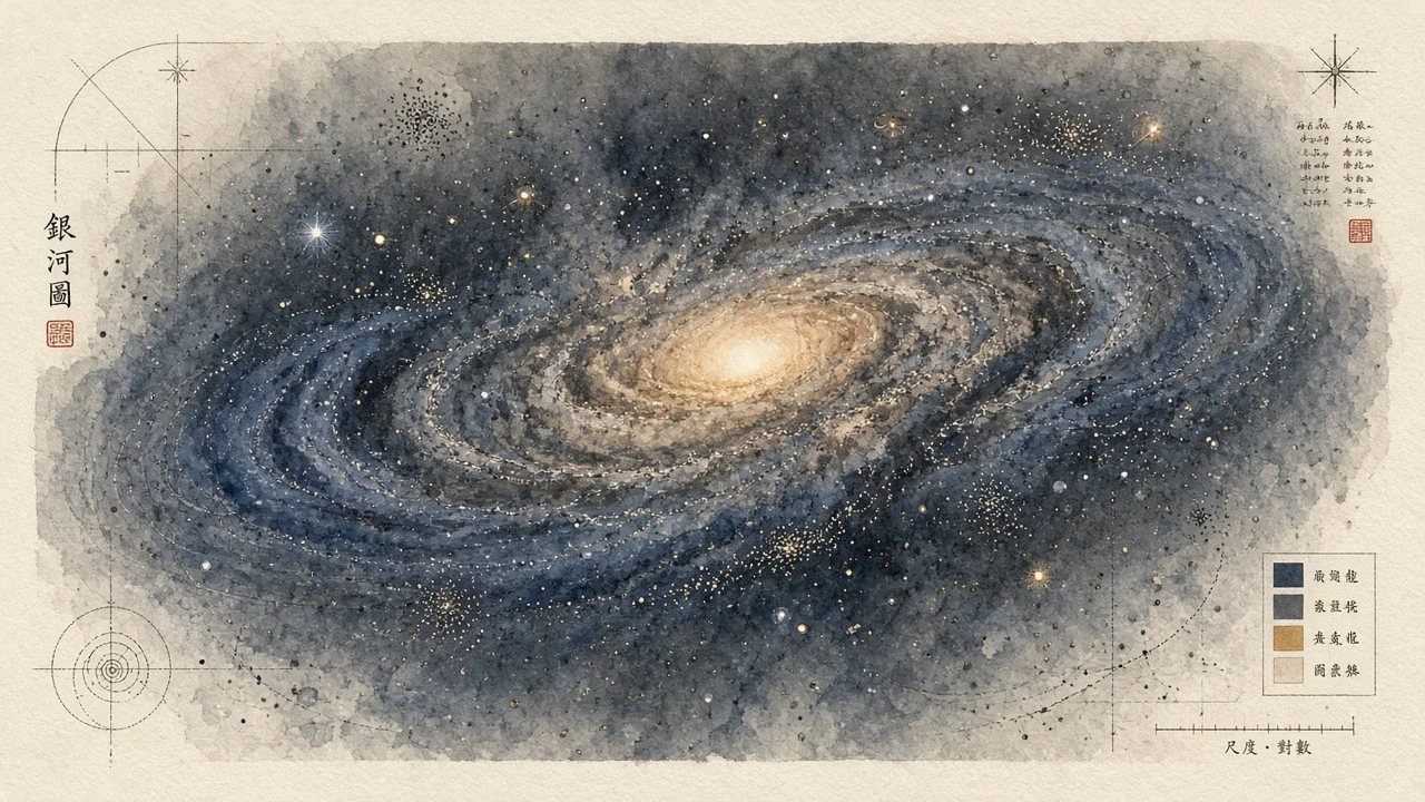 Botanical and Celestial Ink Wash Illustration of Spiral Galaxy Anatomy