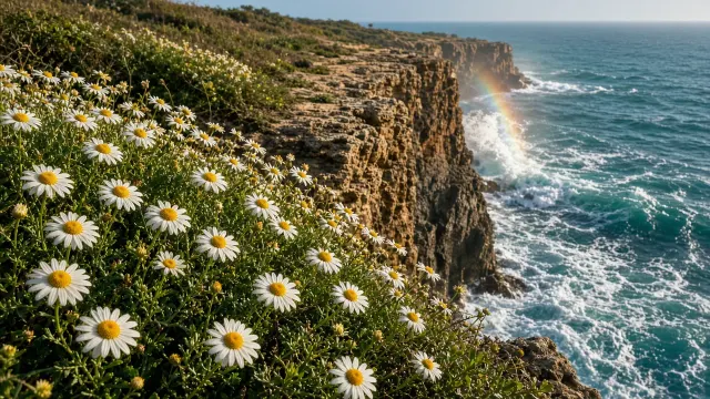 Coastal Cliffside Daisies Overlooking Turquoise Ocean