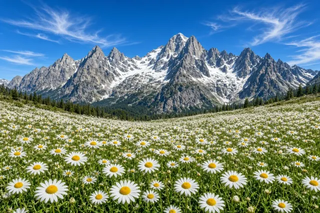 Alpine Glade of Daisies Beneath Jagged Snow Peaks