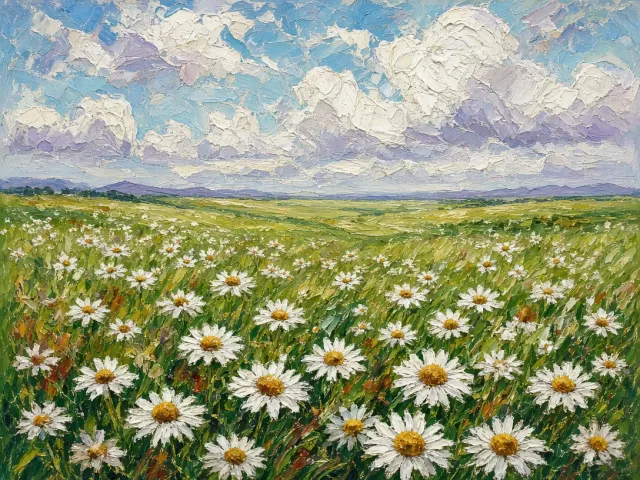 Impasto Oil Painting of a Windswept Daisy Field