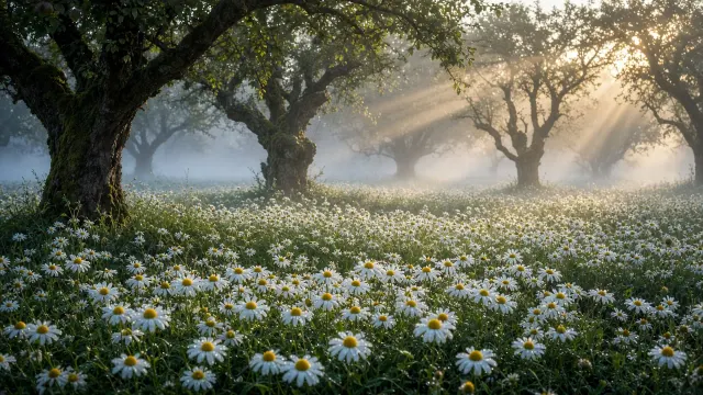 Misty Dawn Orchard Meadow Carpeted with Daisies