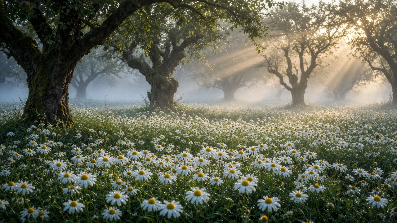 Misty Dawn Orchard Meadow Carpeted with Daisies