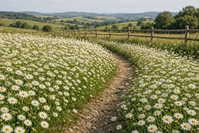 Winding Rustic Path Through Dense Daisy Fields