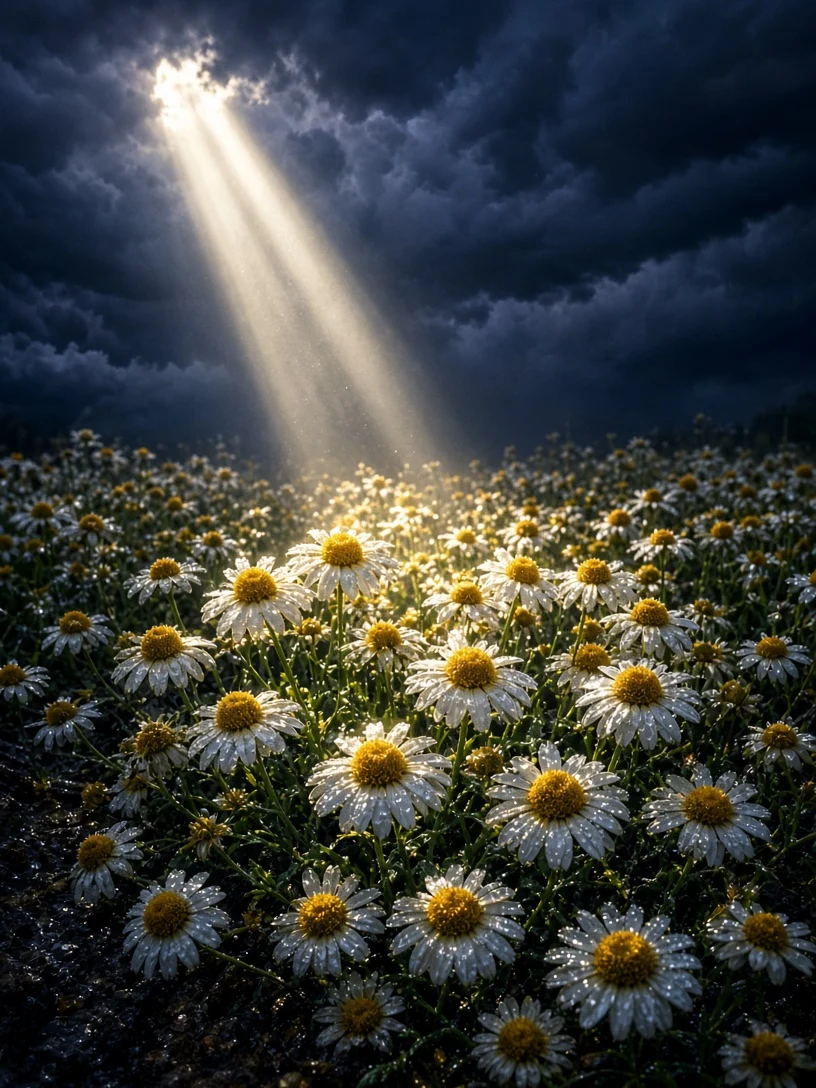 Post-Storm Sunlight on Drenched Daisy Field