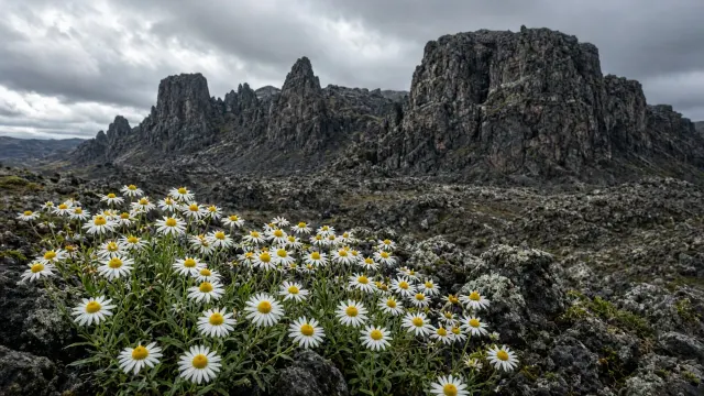 Volcanic Plateau Wildflower Field Against Basalt Cliffs