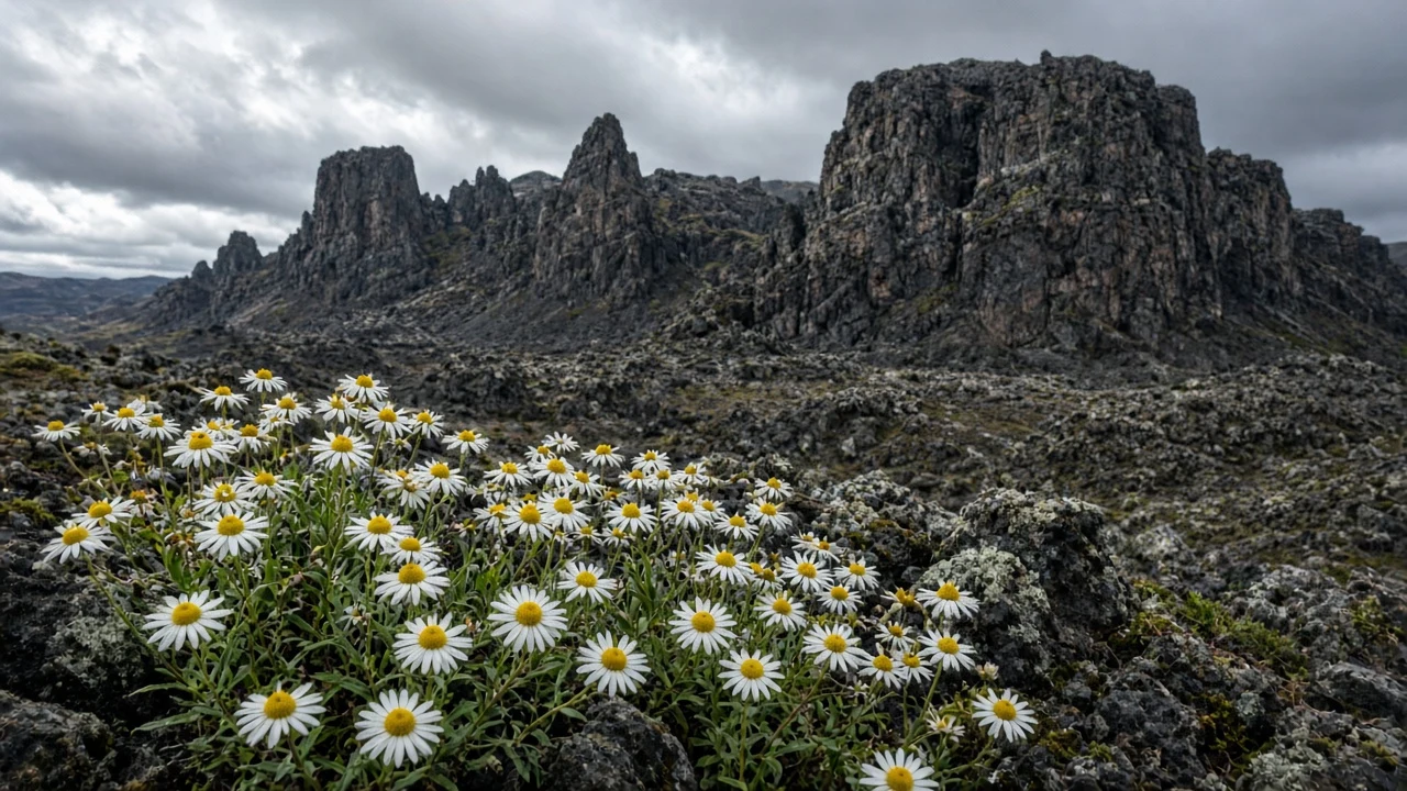 Volcanic Plateau Wildflower Field Against Basalt Cliffs