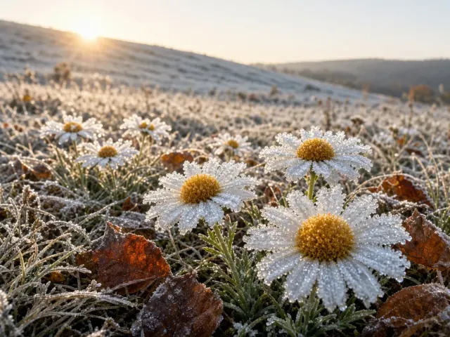 First Autumn Hoarfrost on Lingering Meadow Daisies