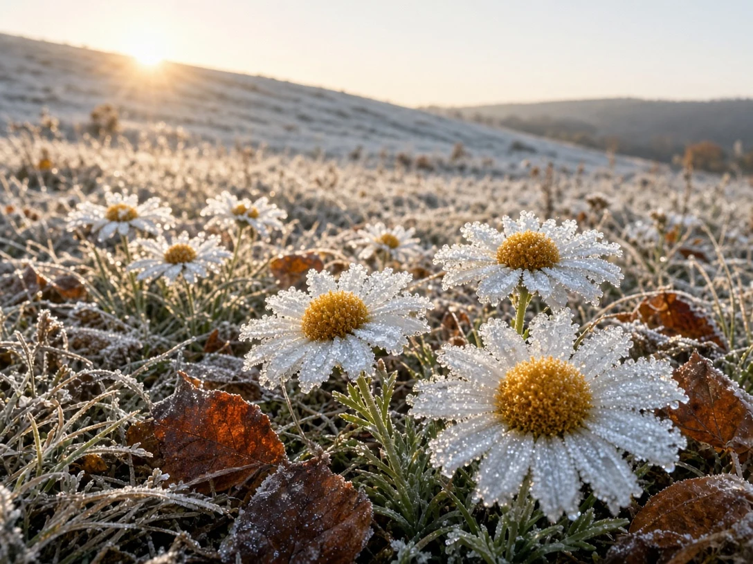 First Autumn Hoarfrost on Lingering Meadow Daisies
