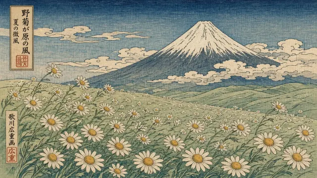 Ukiyo-e Woodblock Daisy Field Under Mountain Breeze