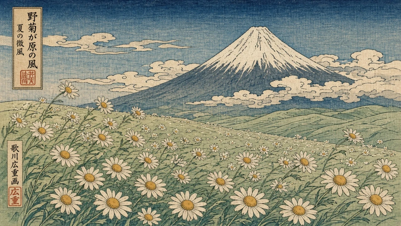 Ukiyo-e Woodblock Daisy Field Under Mountain Breeze