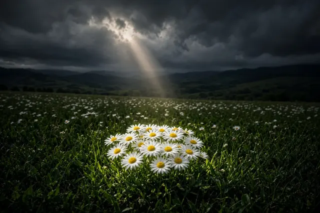 Chiaroscuro Sunbeam Illuminating Daisy Cluster