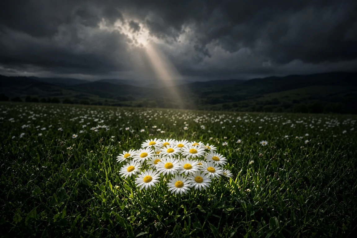 Chiaroscuro Sunbeam Illuminating Daisy Cluster