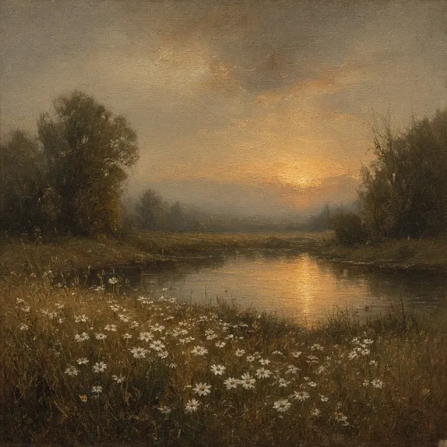 Barbizon School Pastoral Daisy Meadow at Sunset