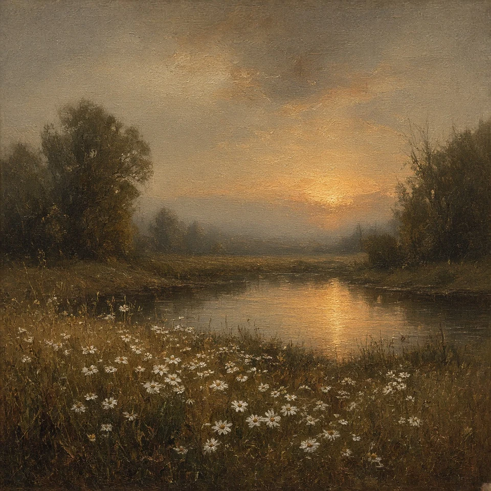 Barbizon School Pastoral Daisy Meadow at Sunset