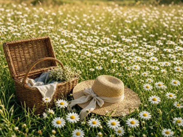 Sunlit Picnic Corner Nestled in Wild Daisy Field