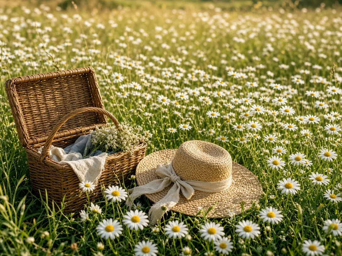 Sunlit Picnic Corner Nestled in Wild Daisy Field