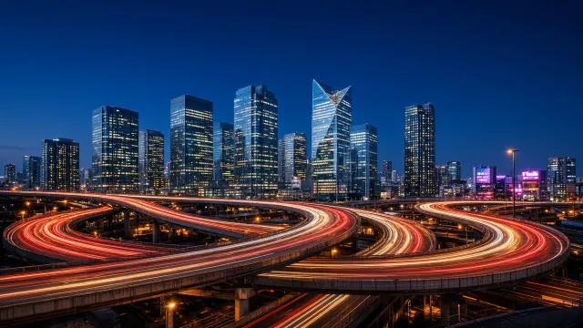 Twilit Multi-Tiered Expressway Ribbon Beneath Shinjuku Glass Towers