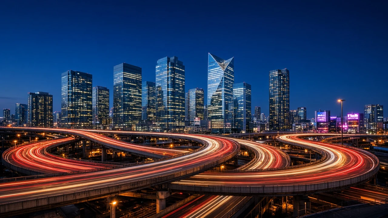 Twilit Multi-Tiered Expressway Ribbon Beneath Shinjuku Glass Towers