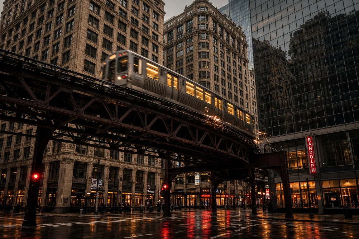 Kinetic Elevated Train Rounding a Tight Steel Loop Curve at Twilight