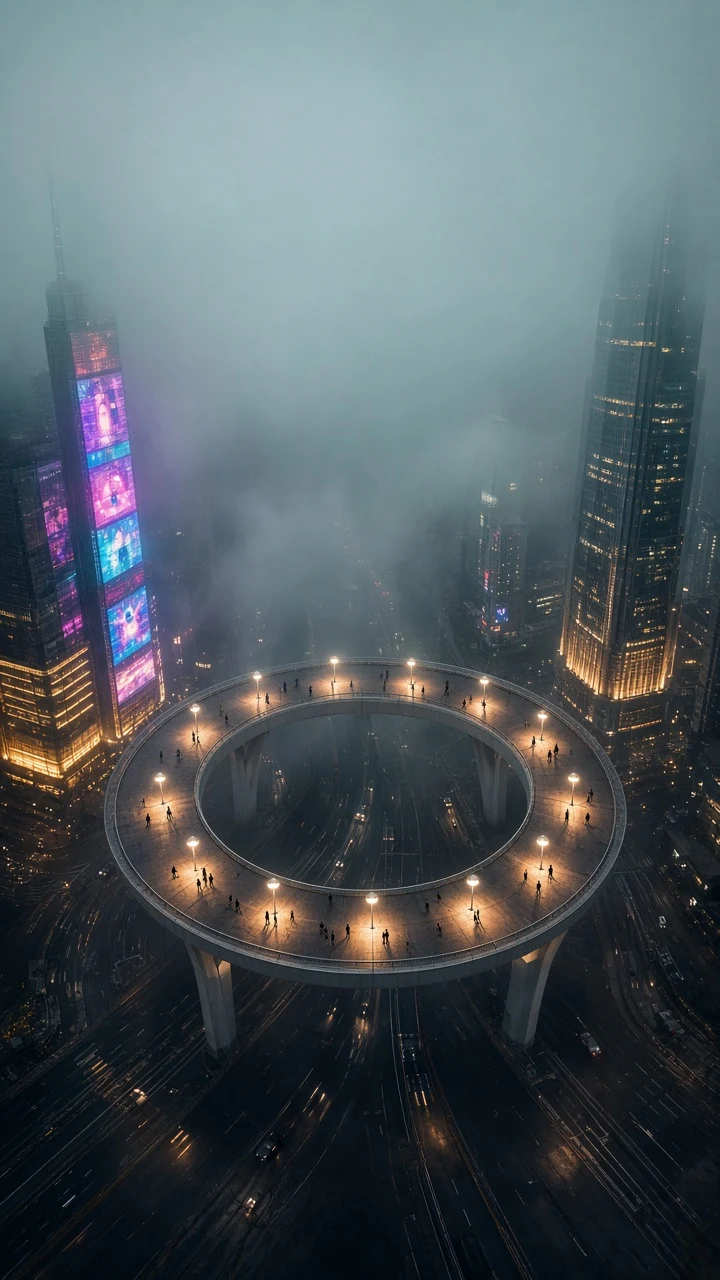Spiraling Pedestrian Footbridge Encircling Misty Megacity High-Rises