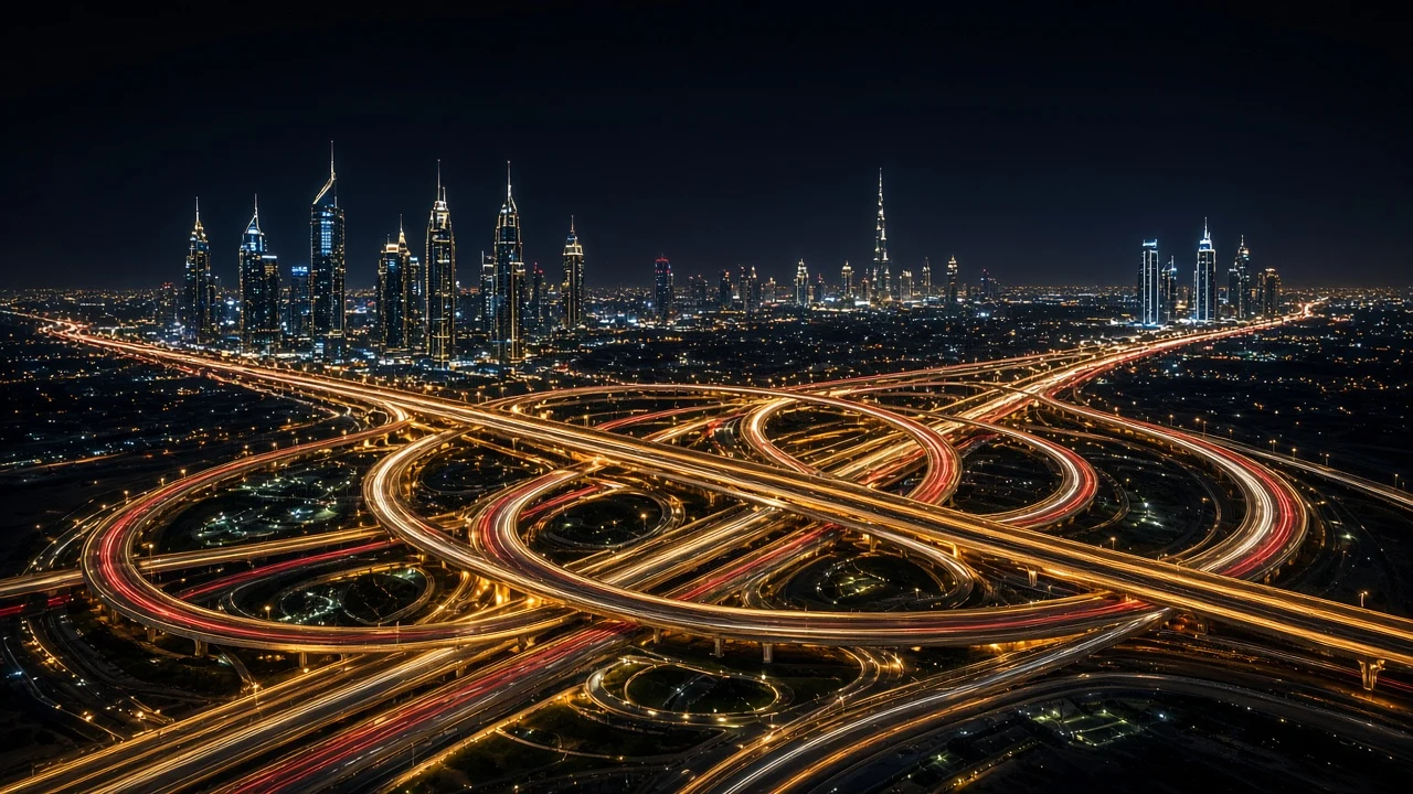Braided Highway Interchange Flyovers Across a Desert Metropolis