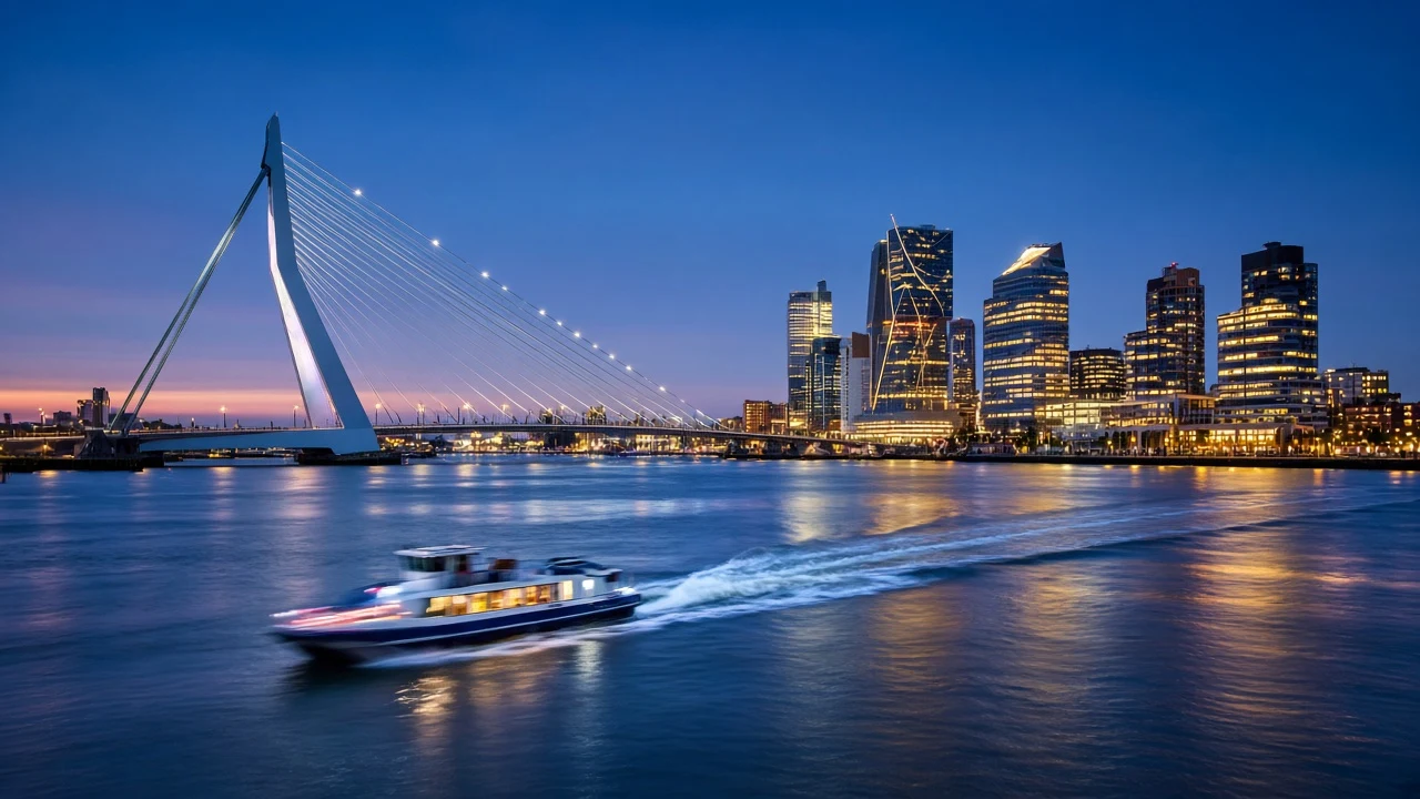 Kinetic Harbor Waters and Modernist Cable-Stayed Pylon at Blue Hour