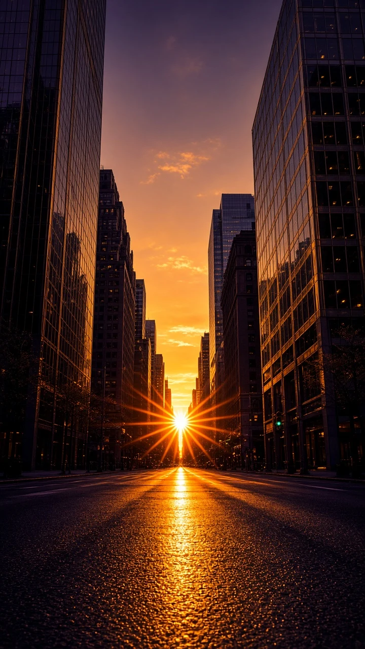 Searing Golden Hour Sunburst Flaring Down Manhattan Street Canyon