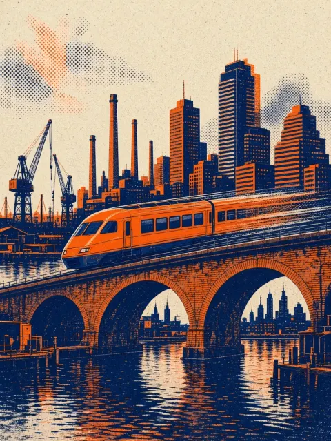 Risograph Print of Fast Commuter Trains Crossing Industrial Canals